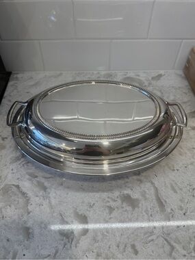 11” Silver Plated Oval Covered Serving Dish with Handles